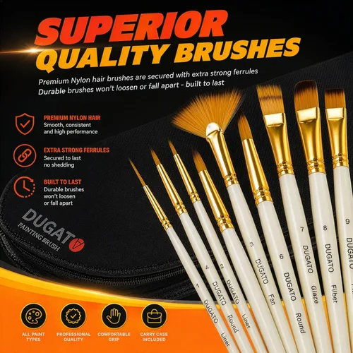 Miniatura 5 de DUGATO Juego de 15 pinceles para pintura artística con estuche emergente, cuchillo de paleta y esponjas, pelo de nailon para pintura acrílica, óleo