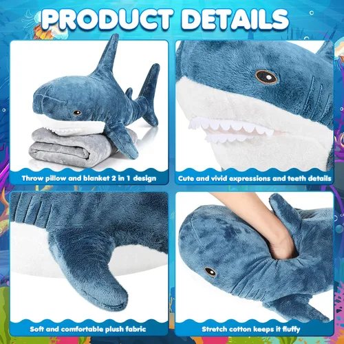 Miniatura 5 de HyDren Juguete de peluche 2 en 1 de tiburón con manta de 32 pulgadas, manta de almohada de peluche gigante grande y grande, muñeca suave para bebés