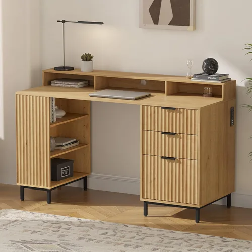 Miniatura 11 de EYYTHUNG Escritorio ejecutivo acanalado con estante de almacenamiento y cajón de archivos, escritorio de oficina de madera moderno de 55 pulgadas