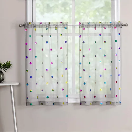 Urban Lotus Cortinas traslúcidas grises para ventana de cocina, 36 pulgadas de largo, coloridas cortinas metálicas de lunares para comedor, paneles