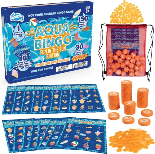 Juego de buceo de bingo en piscina para niños, edición divertida de fiesta de verano, bucea y llama a 30 "números" de temática tropical hundida,