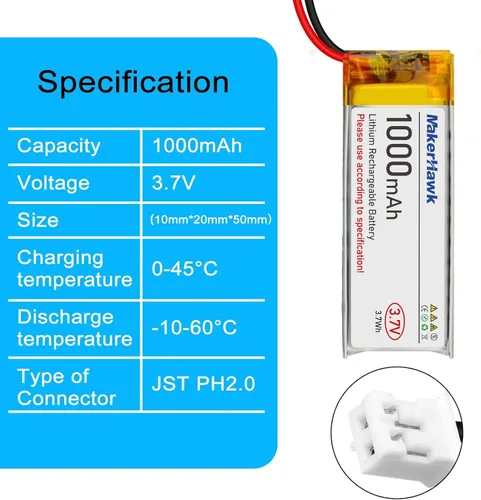 Miniatura 2 de MakerHawk Paquete de 4 baterías LiPo de 3.7 V 1000 mAh recargables 1S 102050 baterías de polímero de litio con placa de protección dual, conector