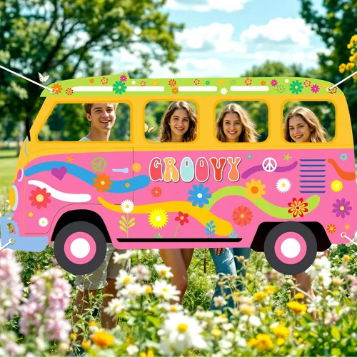 Miniatura 6 de Gran accesorio de fotos en forma de autobús hippie de los años 60 y 70, decoración de fiesta de tela retro para furgoneta, cartel hippie para fotos