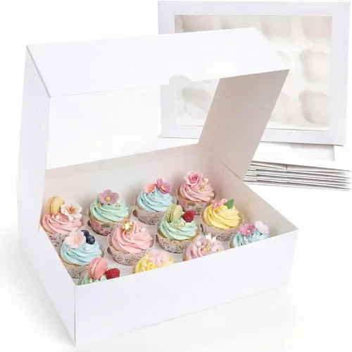Miniatura 8 de VGOODALL 12 Cajas para Cupcakes, 12PCS Portacupcakes con Ventana Cajas Blancas de Pastelería para Cumpleaños Fiestas Navideñas Suministros