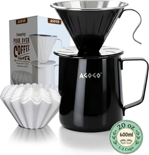 Miniatura 17 de AGOGO Cafetera portátil de goteo V60 - Juego fácil de limpieza compacto gotero de acero inoxidable 304 para acampar y 50 filtros de papel y paño