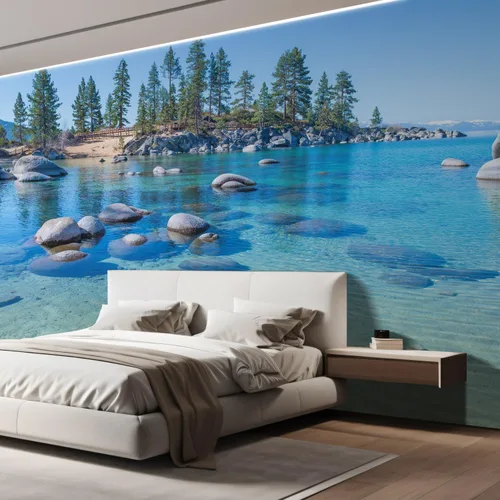 Miniatura 4 de wall26 Paisaje del lago con agua cristalina y piedras y pinos. Mural de pared removible autoadhesivo - 100"x144" Hermosa agua azul clara