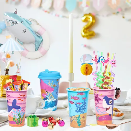 Miniatura 2 de Lidmada Vasos de regalo con tapas para fiestas de tiburón, paquete de 24 tazas de fiesta de cumpleaños en 4 colores, 16 onzas de plástico