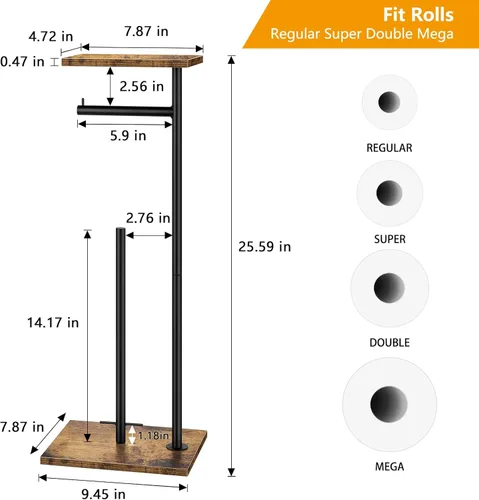 Miniatura 7 de Dispensador de papel higiénico rústico de granja marrón - Soporte de rollo de papel higiénico independiente con estante para almacenamiento de papel