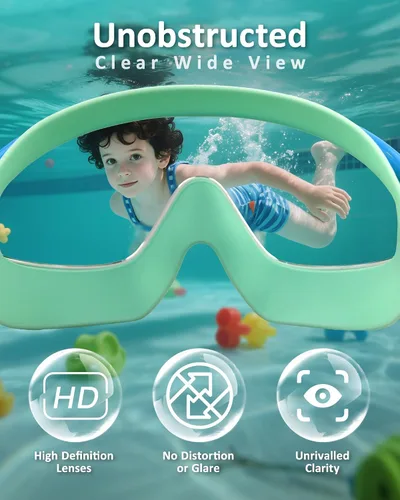 Miniatura 4 de Gafas de natación para niños, antivaho, protección UV y amplia vista & gorro de natación para niños de 3 a 15 años, niños y niñas, bebés azul y verde