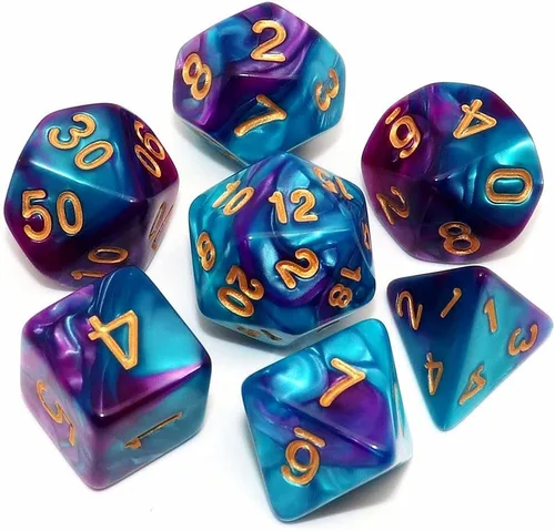 Miniatura 16 de DND - Juego de dados de nebulosa negra mezcla azul oscuro para Dungeon and Dragons D&D RPG juegos de rol, 7 dados poliédricos con bolsa de dados
