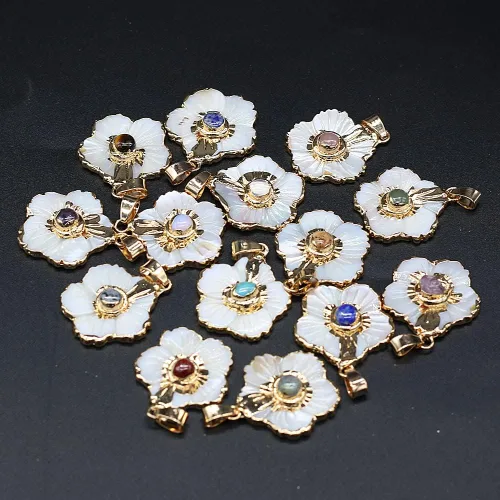 Miniatura 2 de LHJ Forma de vieira Natural Madre de Perla Shell Pendnats Energy Crystal Stone Setting para hacer joyas 5 piezas