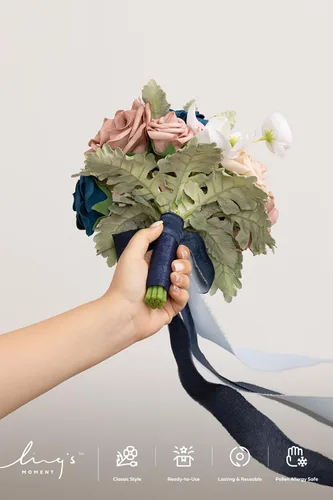 Miniatura 3 de Ling's moment Ramos de flores artificiales de rosas y azules polvorientas para damas de honor, ramo floral azul marino, ramos de dama de honor