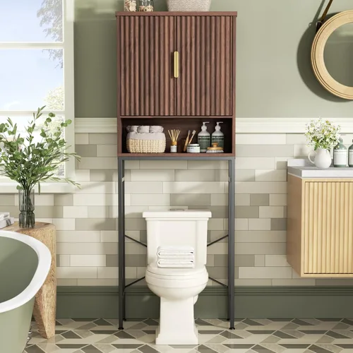 Miniatura 9 de Gabinete de almacenamiento sobre el inodoro con puertas estilo granja y estante ajustable, organizador de baño alto con soporte de metal que ahorra