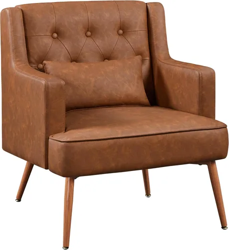 Yaheetech Silla decorativa, silla de sala de estilo Mid Century con cojín lumbar de piel sintética PU, cómoda silla tapizada para leer con patas de