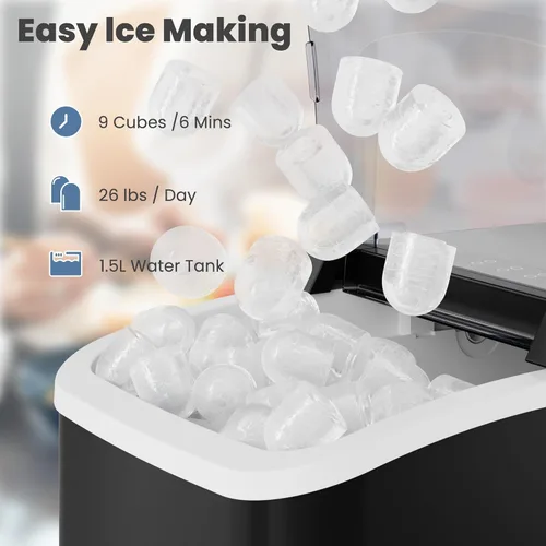 Miniatura 3 de DUMOS Máquina de hielo para encimera con asa, máquina de hielo portátil de 26 libras/24 horas, 9 cubos de bala listos en 6 minutos, autolimpiante