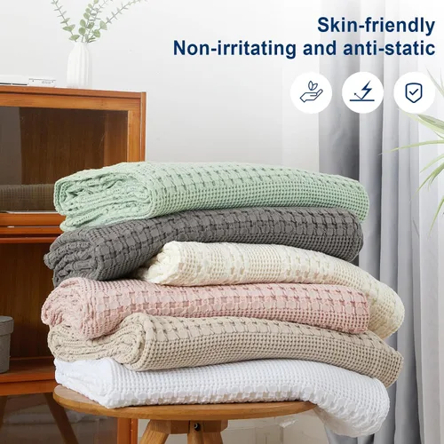 Miniatura 6 de PHF - Manta de punto gofre 100% algodón tamaño Queen, suave, ligera, transpirable, acogedora, de verano, para cama, tejida, estética, decoración