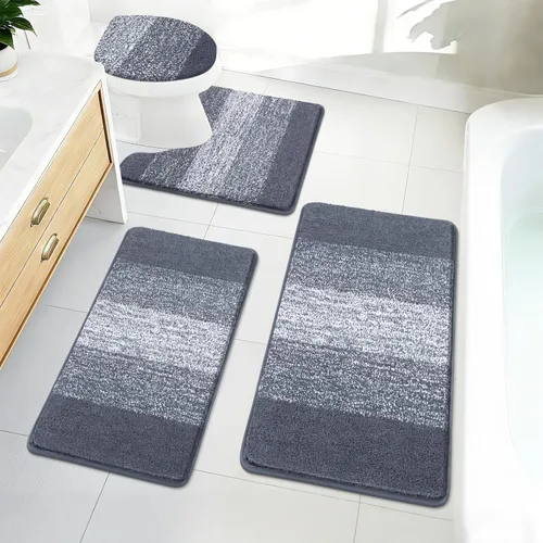 Miniatura 36 de Bsmathom Juego de 4 alfombras de baño, alfombras de baño de microfibra suave y absorbente con alfombra de contorno en forma de U para inodoro y Azul