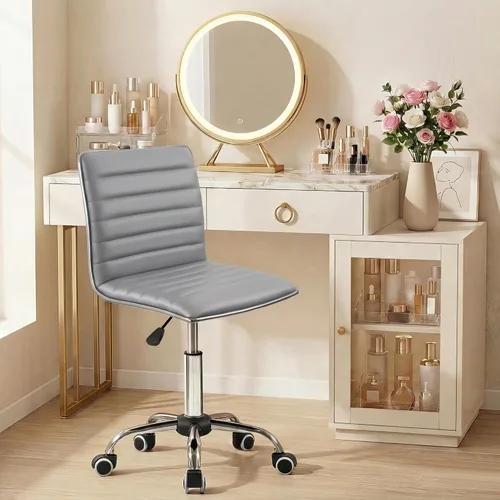 Miniatura 10 de JUMMICO Silla de oficina de tocador sin brazos con ruedas, pequeña y bonita silla de escritorio de maquillaje de cuero acanalado giratoria