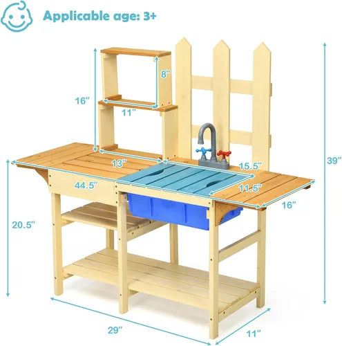 Miniatura 7 de Costzon Cocina de barro para niños al aire libre, cocina de madera con fregadero extraíble, grifo, estantes de almacenamiento, mesa de barro, juego