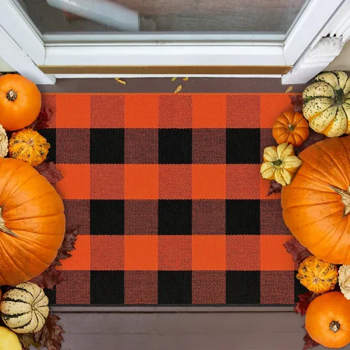 Miniatura 7 de Alfombra Buffalo Plaid Pequeña a Cuadros 2x3 Pies (61x91 cm) Naranja y Negro, Tapete para Puerta Delantera, Navidad Halloween Acción de Gracias
