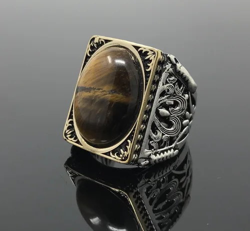 Miniatura 4 de KAR Anillo grande de plata de ley 925K con sello de ojo de tigre I1P