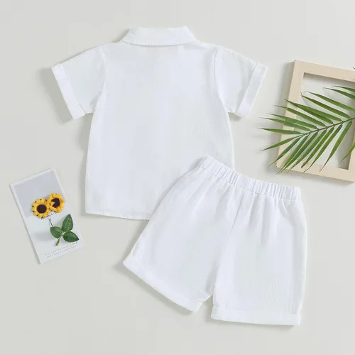 Miniatura 2 de AEEMCEM Conjunto de 2 piezas de camisa y pantalones cortos de algodón de lino de algodón de color liso para niños pequeños