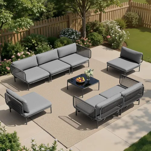 Miniatura 15 de Juego de muebles de patio, muebles de patio al aire libre, sofá seccional de metal de gran tamaño, juego de conversación de 4 asientos con cojín