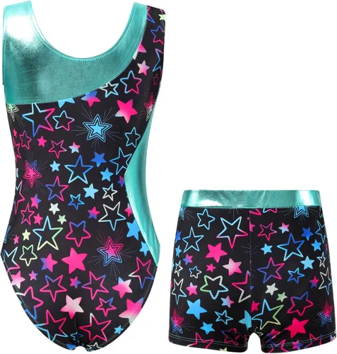 Miniatura 2 de Yartina Leotardo de gimnasia estampado para niñas, traje de baño de 2 piezas con pantalones cortos