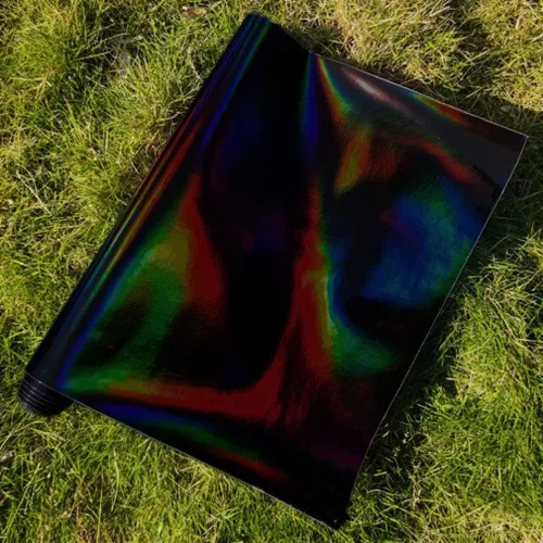 Miniatura 4 de 11.8"x53" Tela de cuero sintético holográfica, vinilo reflectante de espejo para lazos para el cabello, bolsas, manualidades de costura (Negro)