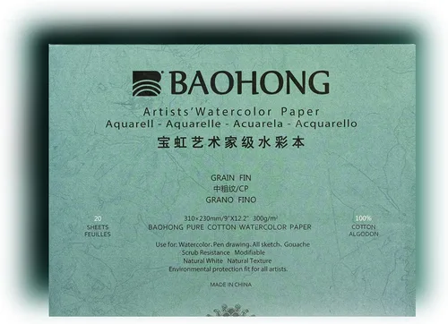 Miniatura 7 de BAOHONG Bloque de papel de acuarela para artistas (20 hojas, pegadas en cuatro bordes), 100% algodón, sin ácidos, 140 libras/300 GSM, suministros