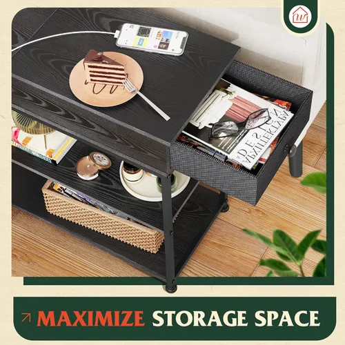 Miniatura 6 de WLIVE Mesa auxiliar estrecha con 2 puertos USB y 2 tomacorrientes, mesa auxiliar negra con cajón y estantes de almacenamiento, mesita de noche