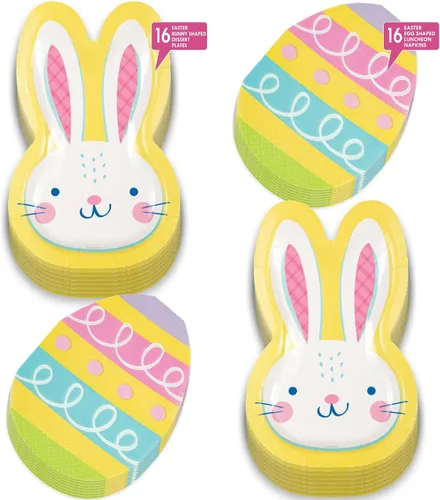 Miniatura 2 de Suministros para fiesta de Pascua, platos de postre de papel en forma de conejo amarillo huevo y servilletas en forma de huevo (sirve 16)
