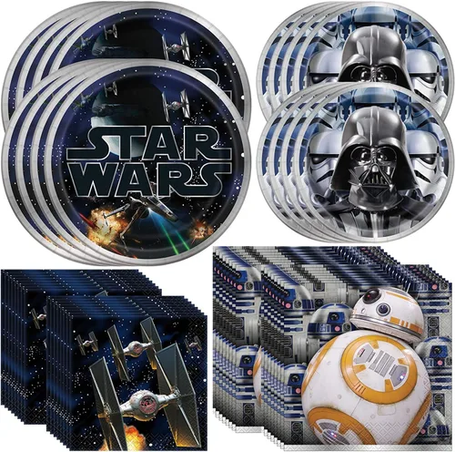 Paquete de vajilla de Star Wars para fiestas, 16 servilletas de almuerzo y 16 bebidas, 8 platos de cena y 8 platos de postre, decoraciones de fiesta