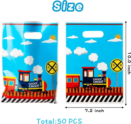 Miniatura 2 de 3sscha 50 bolsas de regalo de tren para fiesta, con temática de transporte, impermeable, con asas troqueladas, tráfico ferroviario, plástico