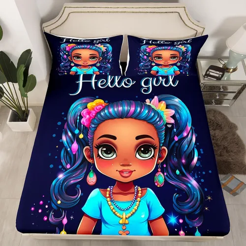 Miniatura 15 de Erosebridal Lindas sábanas negras para niñas, sábana bajera ajustable de niña africana americana, tamaño individual, sábanas psicodélicas moradas