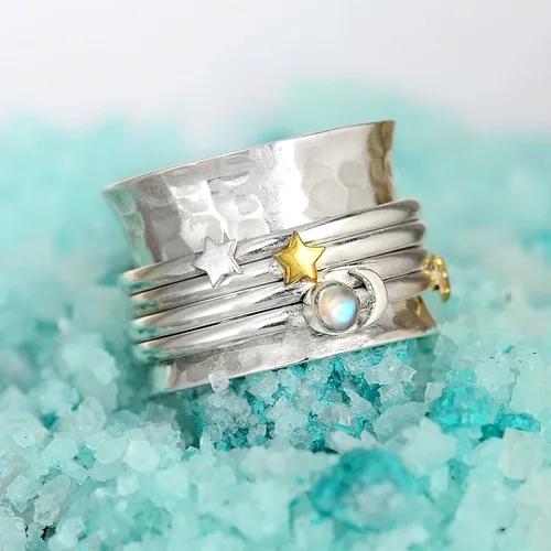 Miniatura 7 de Boho-Magic Anillo giratorio de plata de ley 925 con diseño de luna y estrella para mujer