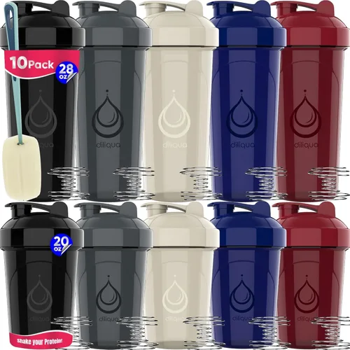 diliqua Paquete de 10 botellas agitadoras con batidores de alambre para mezclas de proteínas, a prueba de fugas, sin BPA y aptas para lavavajillas,