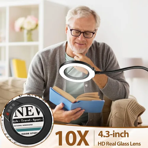 Miniatura 3 de Lupa 10X con luz y soporte, lámpara de pie flexible de cuello de cisne de 24 pulgadas, LED 3 en 1, 5 modos de color, lupa iluminada regulable sin