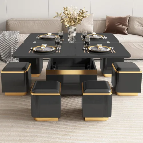 Miniatura 10 de Guyii Mesa de centro elevable con taburetes de almacenamiento, mesa central 3 en 1, altura ajustable, mesa plegable para sala de estar, ahorro