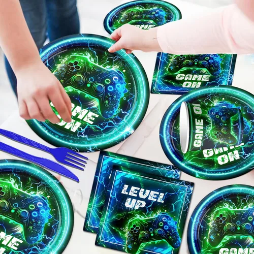 Miniatura 5 de Suministros para fiesta de cumpleaños de videojuegos, 142 piezas de platos y servilletas de neón para videojuegos, mantel de plástico para niños