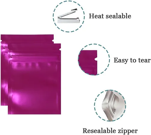 Miniatura 3 de FERENLI 100 piezas Bolsa de almacenamiento de alimentos de Mylar con cierre de cremallera, parte delantera mate de aluminio con ventana, bolsa Rosado