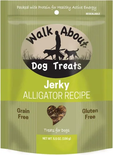 Walk About Pet, WA10016, golosinas de carne seca para perros, sin granos, sin gluten, proteína de fuente única, receta de cocodrilo, bolsa