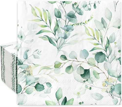 AnyDesign 80 servilletas de papel de eucalipto vegetal, acuarela, hojas verdes de primavera, servilletas de almuerzo, servilletas decorativas para