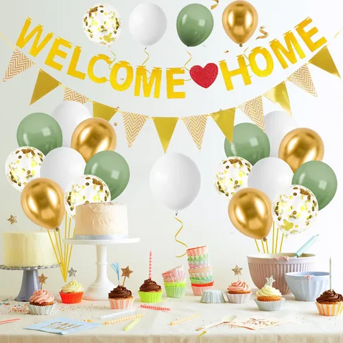 Miniatura 7 de Juego de globos y pancartas de bienvenida de color azul y plateado – Cartel con purpurina con globos de confeti, banderines de bandera