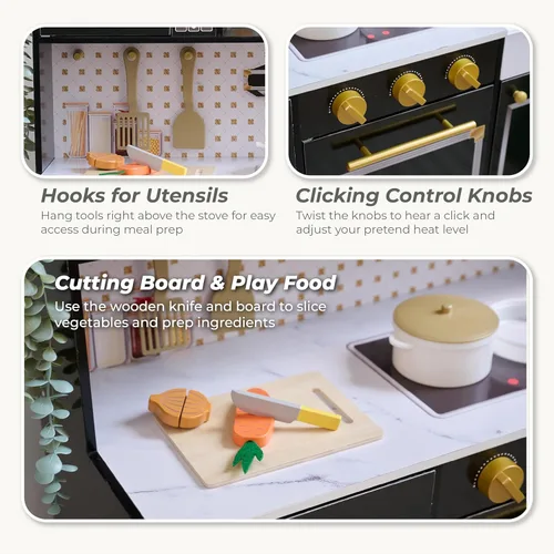 Miniatura 3 de Teamson Kids Juego de cocina de madera para niños pequeños con accesorios, juego de cocina simulada para niños de 3 años en adelante, juego de Negro