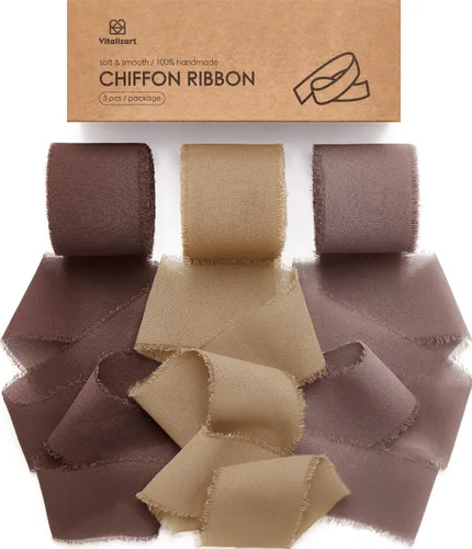 Vitalizart Cinta de seda de gasa marrón hecha a mano con flecos de 1.5 pulgadas x 21 yardas, bordes deshilachados marrón y nude para invitaciones de