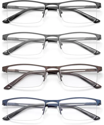 Miniatura 10 de HIGHLIKE Gafas de lectura con luz azul para hombre, lentes de lectura de medio marco de metal, bisagra de resorte, lentes transparentes con bolsas