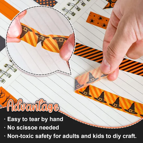 Miniatura 3 de Whaline 12 rollos de cinta Washi de Halloween, naranja y negro, calabaza, araña, murciélago, bruja, sombrero de bruja, cinta adhesiva de 0.591 in