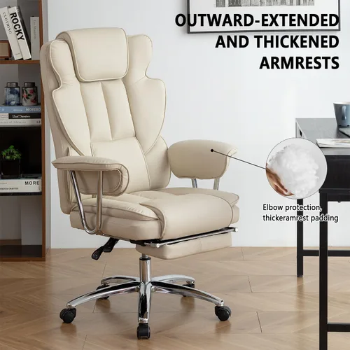 Miniatura 5 de Silla de oficina de piel sintética totalmente reclinable y cómoda silla de oficina grande y alta, 500 libras con reposapiés, ruedas y brazos Beige