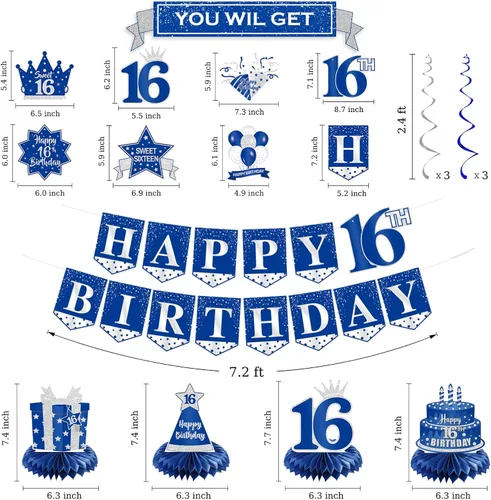 Miniatura 6 de Juego de decoraciones de cumpleaños número 16 – Cartel azul de Happy 16 con espirales colgantes y centros de mesa de panal de abeja, kit